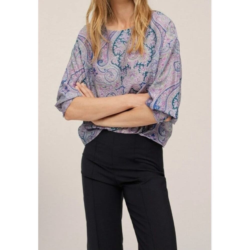 Mango Purple Blue Paisley Boho Lightweight Relaxed Blouse Top Size 6
